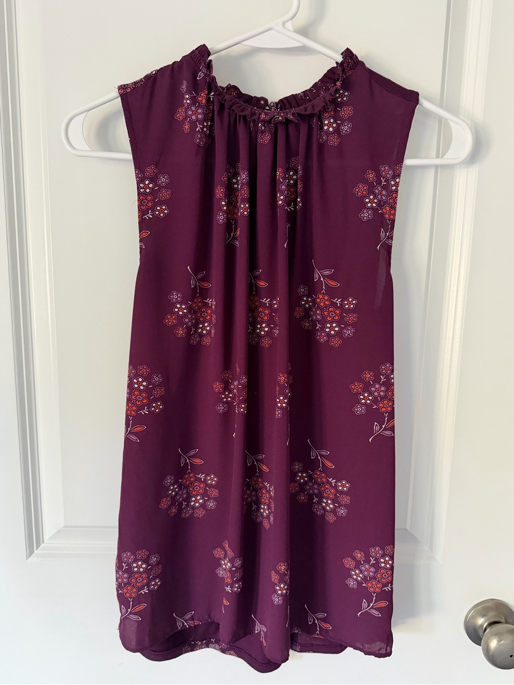 LOFT XS Plum Floral Ruffled Neck Blouse